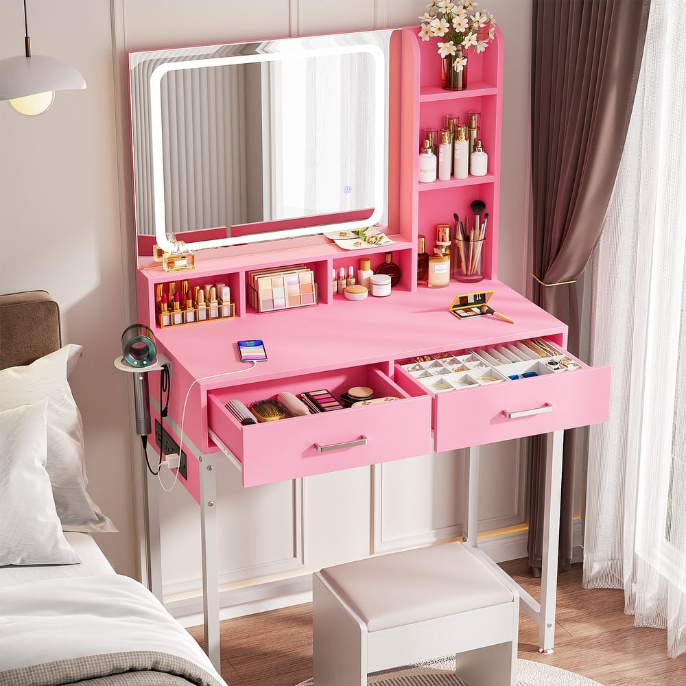 Makeup Vanity Desk with Drawers and Adjustable Lighting Mirror, Vanity Table with Charging Station and Shelves