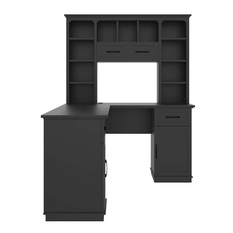 L-Shaped Computer Desk with 2 Cabinets, 2 Drawers, 11 Open Shelves and a Flip-Up Shelf with Storage on the Right Side