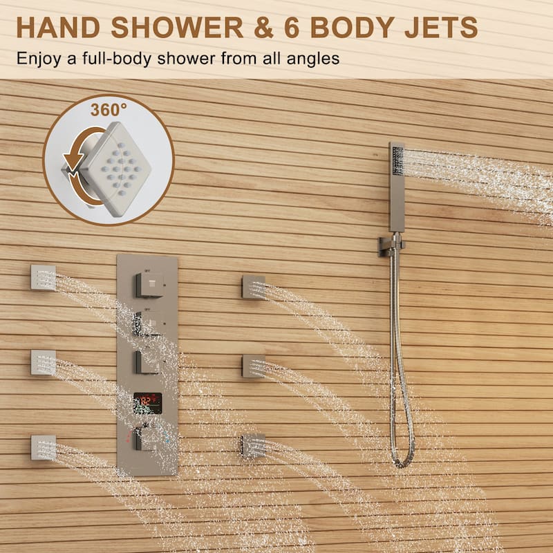 CASAINC 12 Inch Wall Mounted Square Shower Head Shower System with Handheld Shower Body Digital Display Shower 6 Body Jet