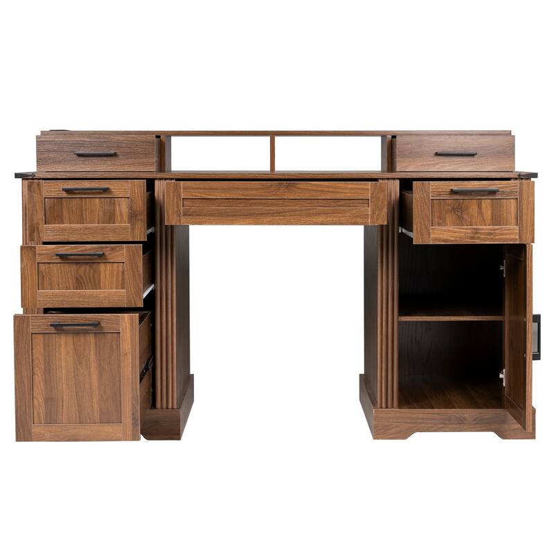 59" Farmhouse Office Desk With Charging Station & Storage Cabinet, Barn Door Design Home Office Study Desk with File Drawer