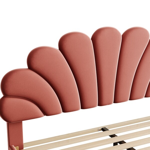 Upholstered Platform Bed with Flower Pattern Headboard - On