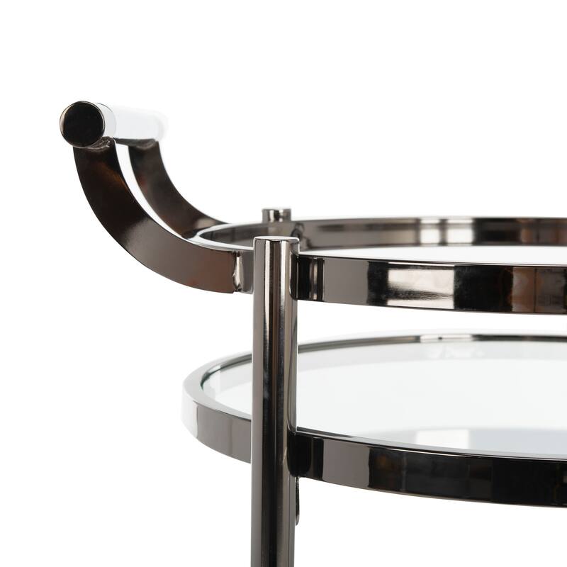 SAFAVIEH Sienna 2 Tier Round Bar Cart-Black Nickel / Glass. - 24" W x 20" D x 34" H