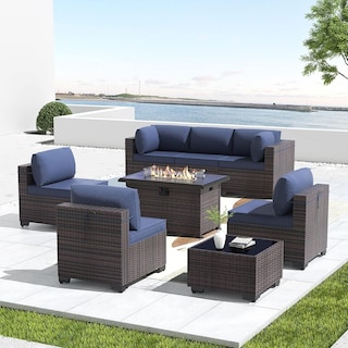 8 Pieces Outdoor Patio Furniture Set, All Weather PE Wicker Sectional Conversion Sofa set w/ Firepit Table