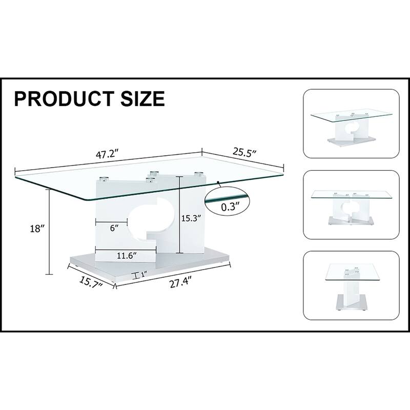 Rectangular Coffee Table with Tempered Glass Tabletop and White MDF Legs