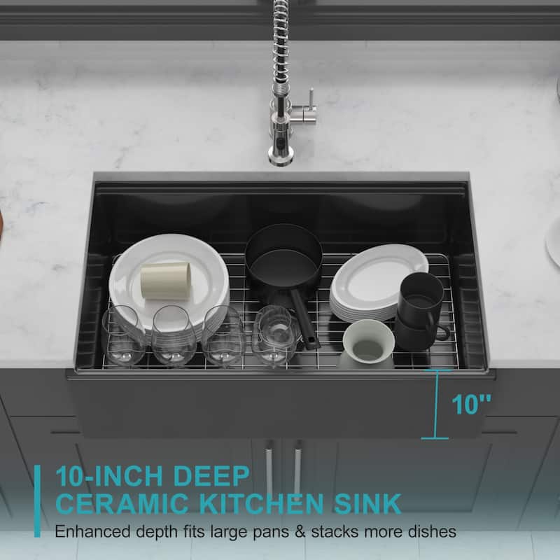 33" Farmhouse Kitchen Sink Workstation 33 x 20 x 10 inch Porcelain Ceramic Sngle Bowl Reversible Design Kitchen Sink