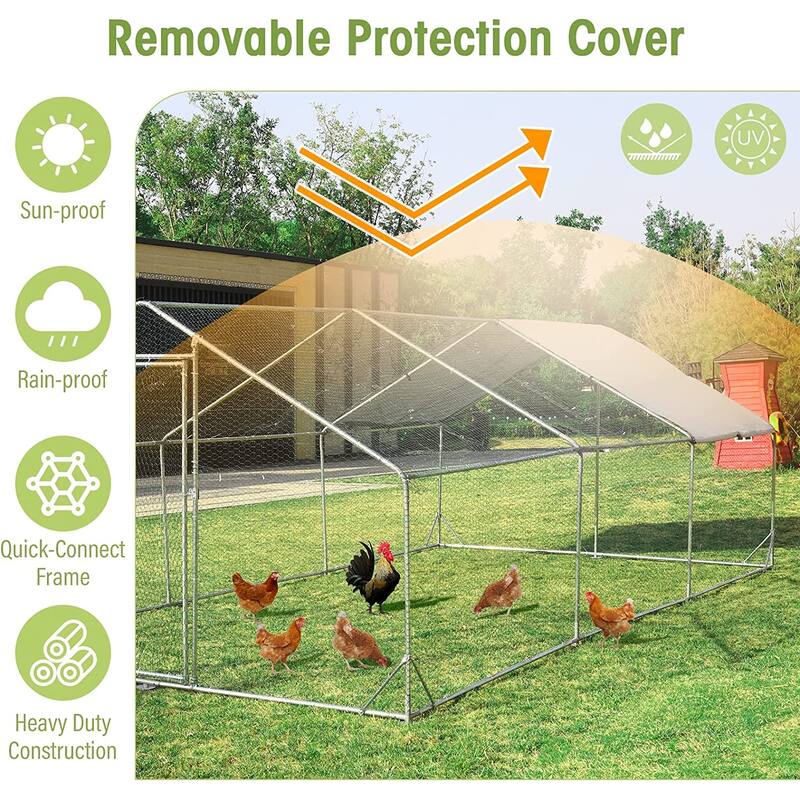 Large Metal Chicken Coop, Outdoor Walk-in Poultry Cage with Waterproof Cover and Secure Lock for Outside,Backyard and Farm