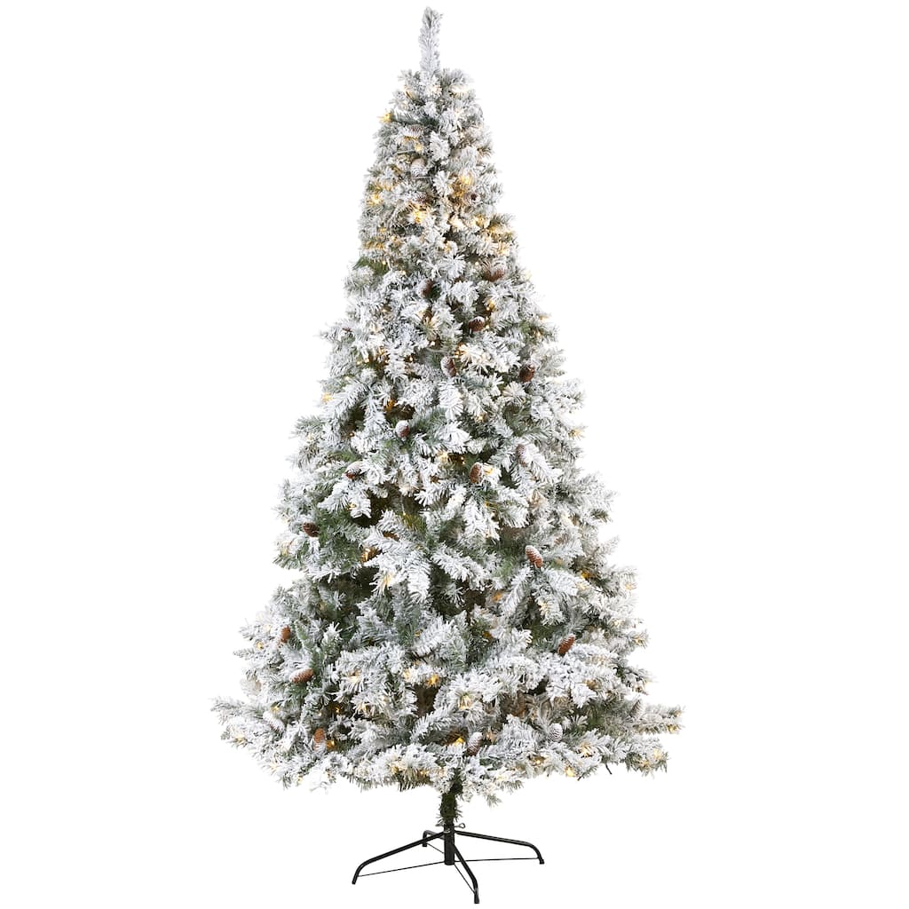 8' Pre-Lit Flocked River Mountain Pine Artificial Christmas Tree, Warm Clear LED Lights - 8 Foot