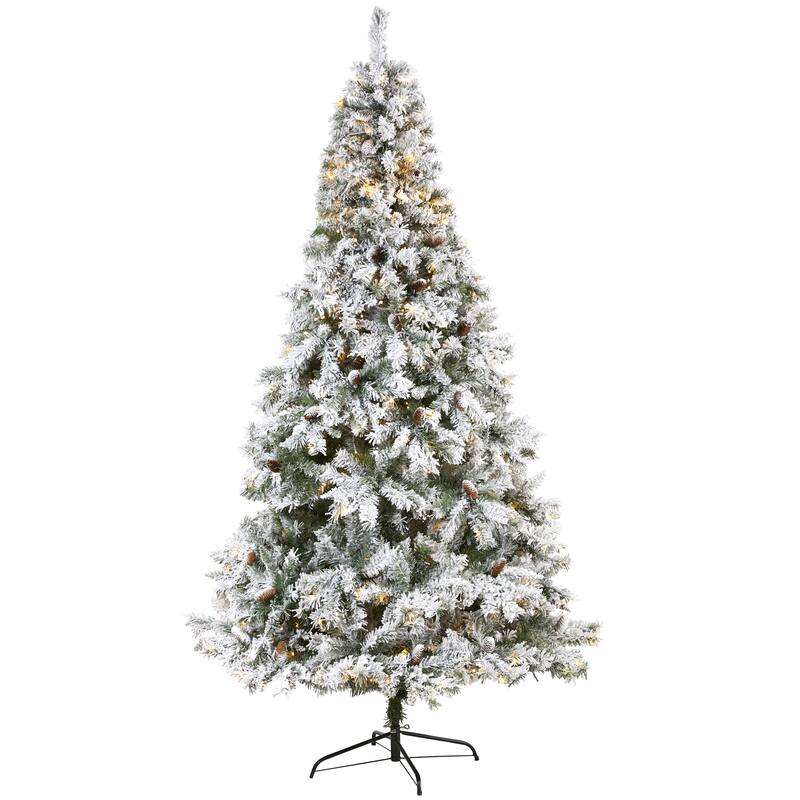 8' Pre-Lit Flocked River Mountain Pine Artificial Christmas Tree, Warm Clear LED Lights - 8 Foot