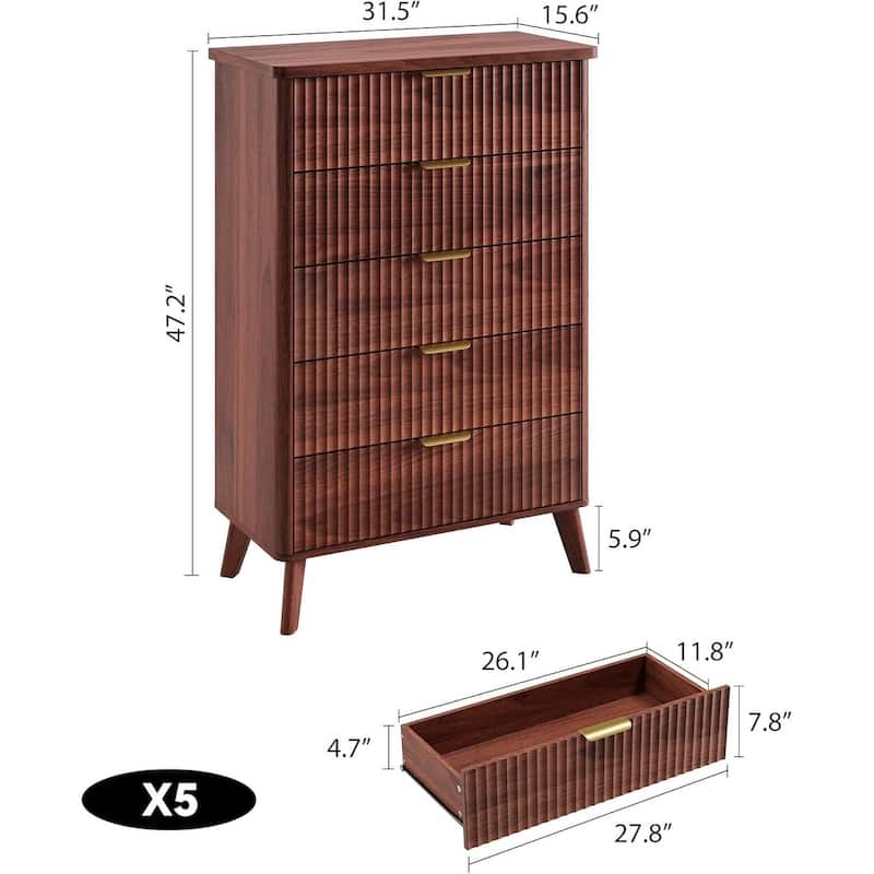 Modern Fluted 5 Drawers Dresser for Living Room, Bedroom