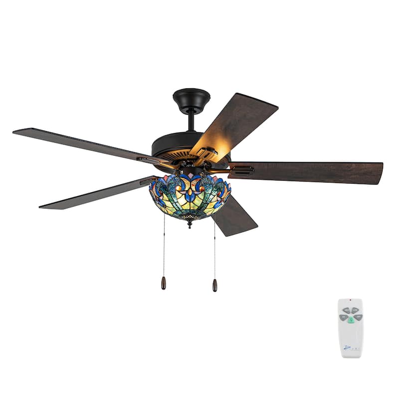 52" W Halston Indoor Tiffany Stained Glass Oil Rubbed Bronze Ceiling Fan with Remote Control - Blue