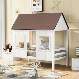 Twin Size Low Loft Wood House Bed with Two Front Windows - Bed Bath ...