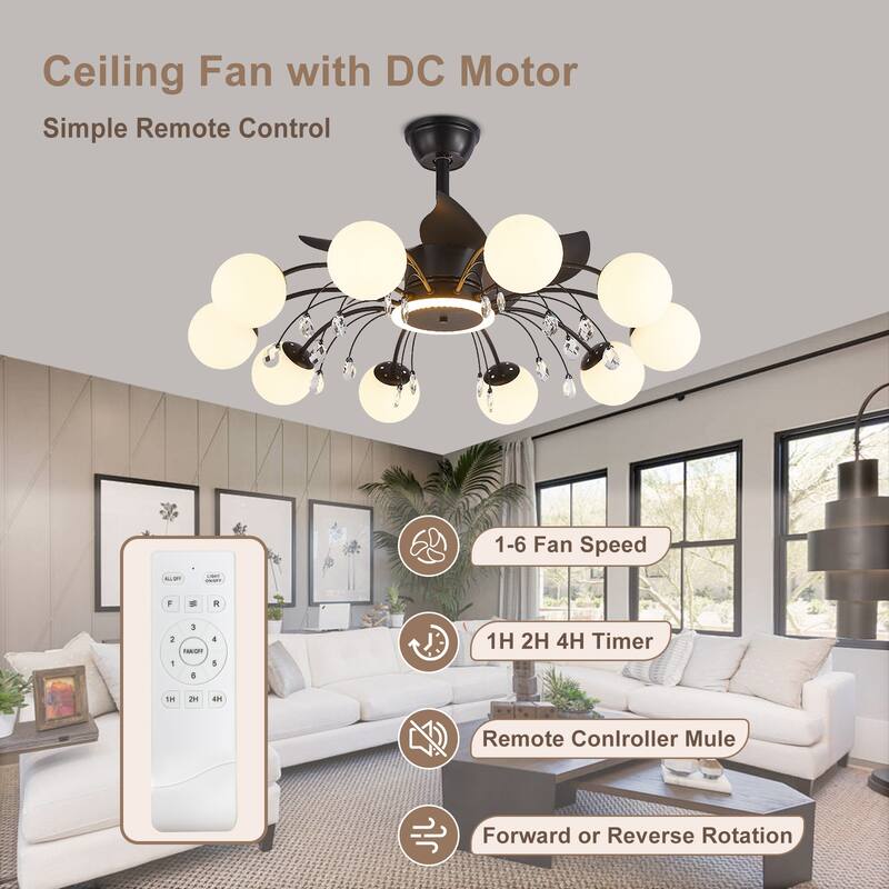 31in. Indoor Gold Modern Ceiling Fan with Light, Reversible Fandelier with Light Bulbs and Remote for Living Room