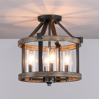 12.5 in. 4-Light Natural Iron and Distressed Faux Wood Modern Farmhouse Semi-Flush Mount Ceiling Light - 12.5"W