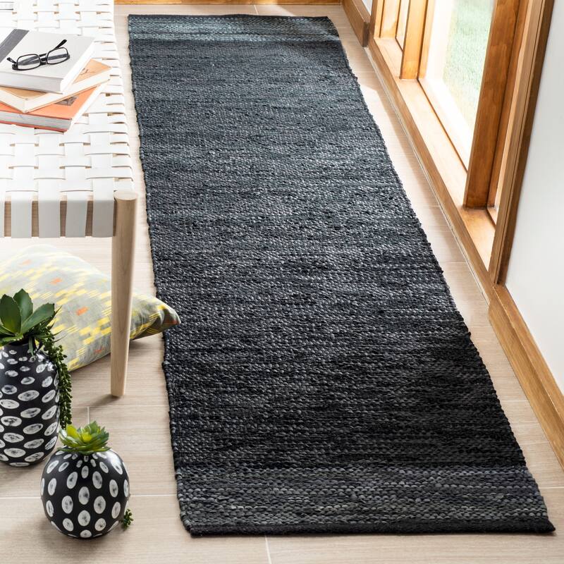 SAFAVIEH Handmade Vintage Boho Leather Nichelle Modern Stripe Leather - 2' 3" x 6' - Black/Grey - Runner