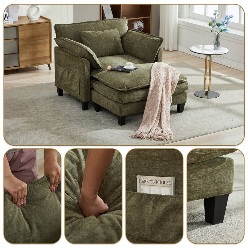 Oversized Single Sofa Chair with Ottoman, Double-Layer Seat Cushion, Chenille Fabric Lounge Chair, Living Room Reading Chair