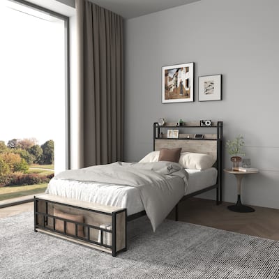 Twin Bed Frames, Headboard and Charging Station & LED Light for Bedroom, Solid and Stable, Noise Free, No Box Spring Needed