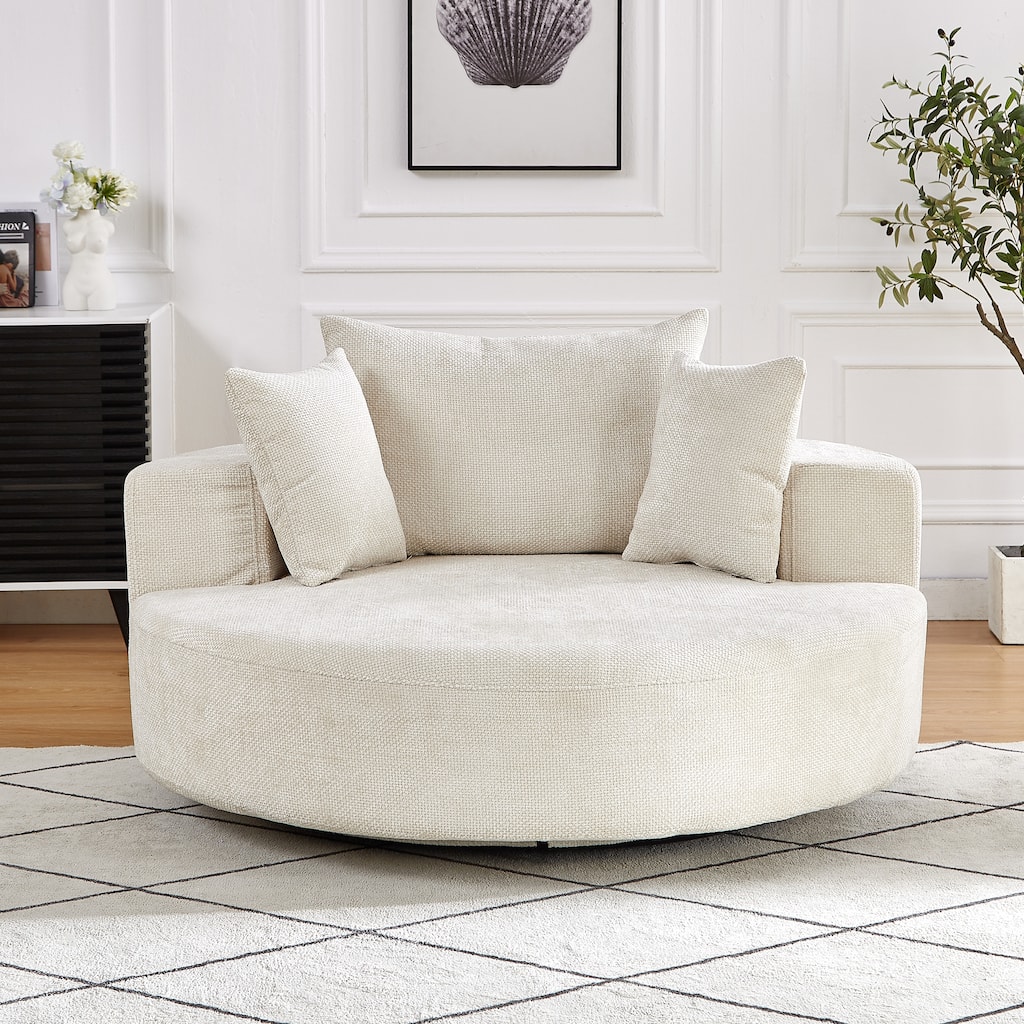 360° Swivel Sofa Chair Chenille Round Single Chaise Lounge with Cylindrical Neck Pillow and Integrated Backrest for Living Room