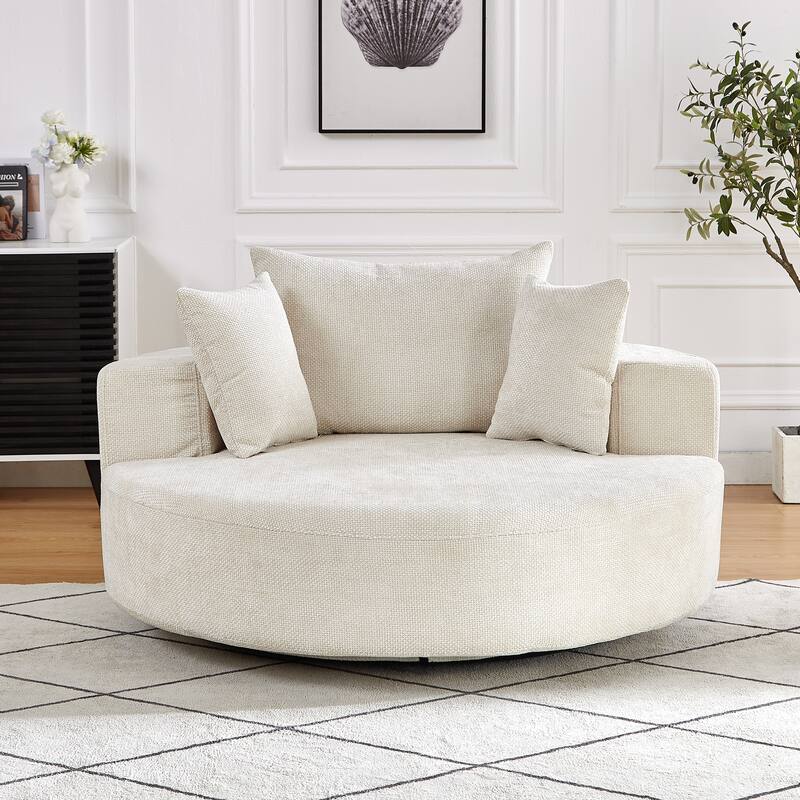 Oversized Swivel Barrel Chair, Chenille Upholstered Round Armchair, Single Sofa Chair with Headrest & 3 Cozy Pillows