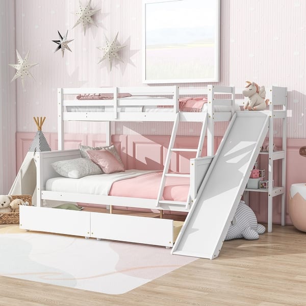 slide 2 of 11, Twin Over Full Bunk Bed with Slide, Storage Drawers, Shelves, and Ladder for Kids Room White