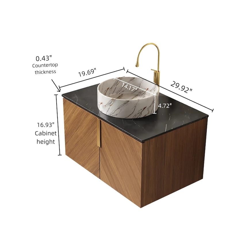 Wall-Mounted Single Sink Bathroom Vanity Cabinet, Countertop Round Ceramic Basin with Stone Pattern, 30 Inch / 60 Inch