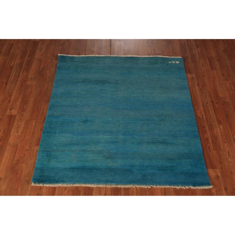 Teal Blue Gabbeh Square Oriental Rug Handmade Wool Carpet - 4'0" x 4'5"