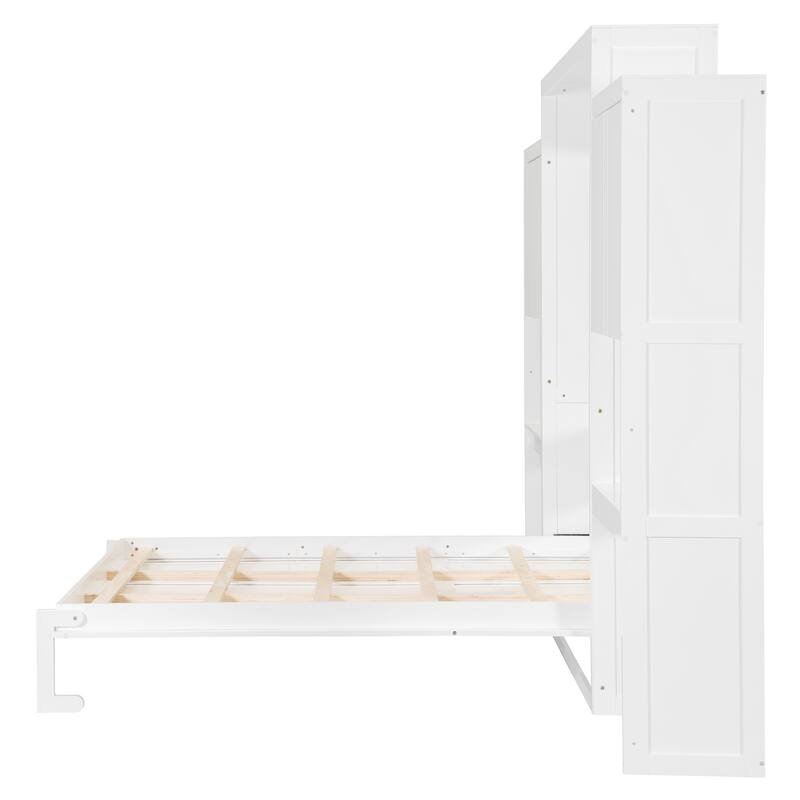 Queen Size Murphy Bed with 2 Doors Bookshelf and Vanity, Traditional Solid Wood Wall Bed, Can be Folded Platform Bed