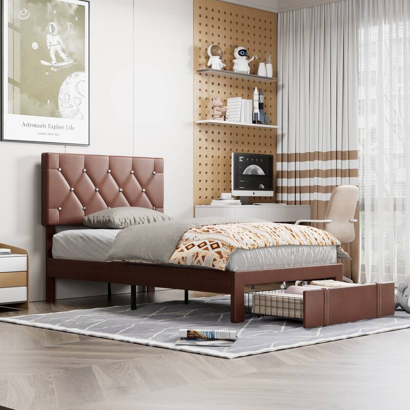 VECELO Bed Frame with Storage Drawers Leather Upholstered with Diamond Tufted Headboard Solid Wood Slat Support