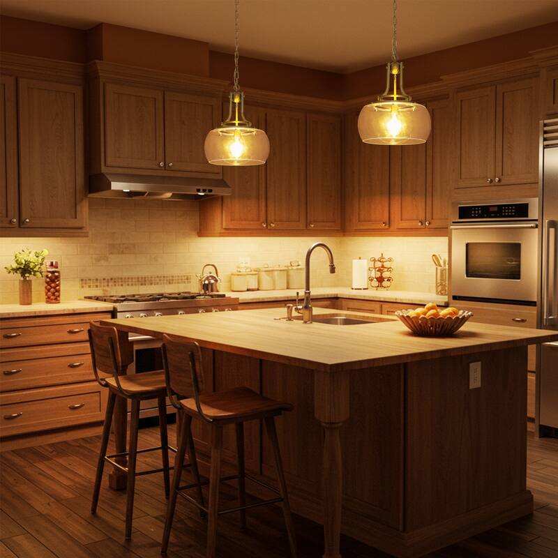 13.8" W Mid-Century Modern Rustic Gold Dome Design Ceiling Pendant with Clear Glass Shade for Dining Room, Kitchen Island, Foyer