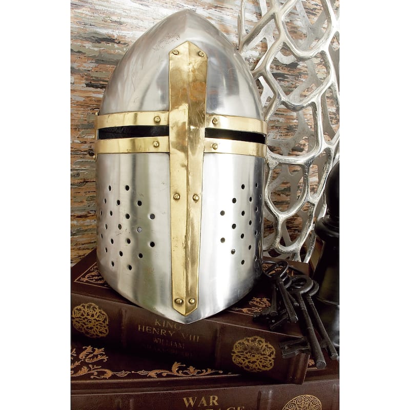Silver Metal Replica Medieval Knight Crusader Helmet - 9 x 9 x 13 - Silver/Gold