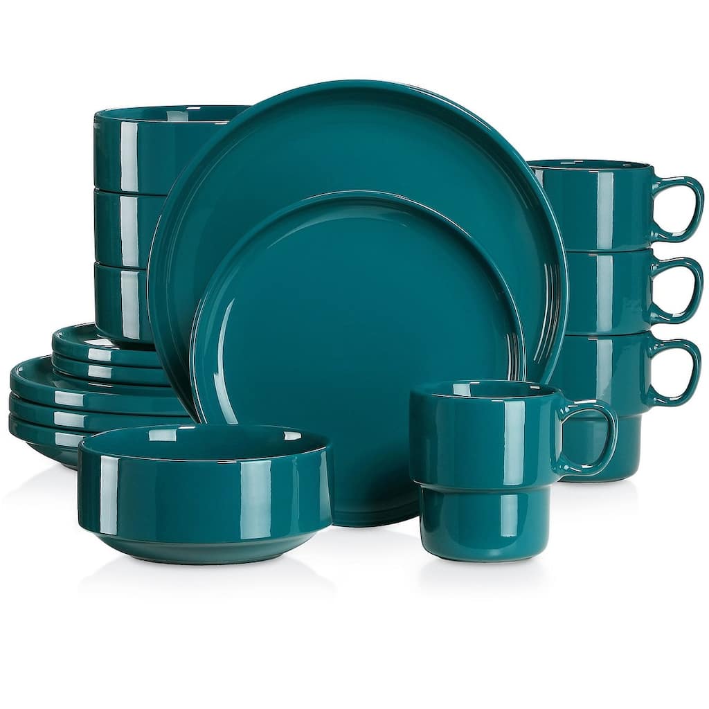 LOVECASA 16-Piece Round Dinnerware Set Stackable, Service for 4