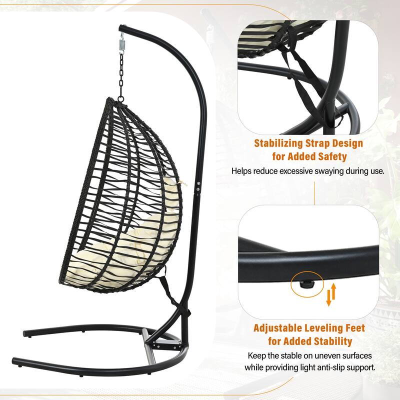 Hanging Hammock Chair with Stand, Foldable Rattan Egg Swing Chair with Iron Frame and Plush Cushion & Removable Headrest
