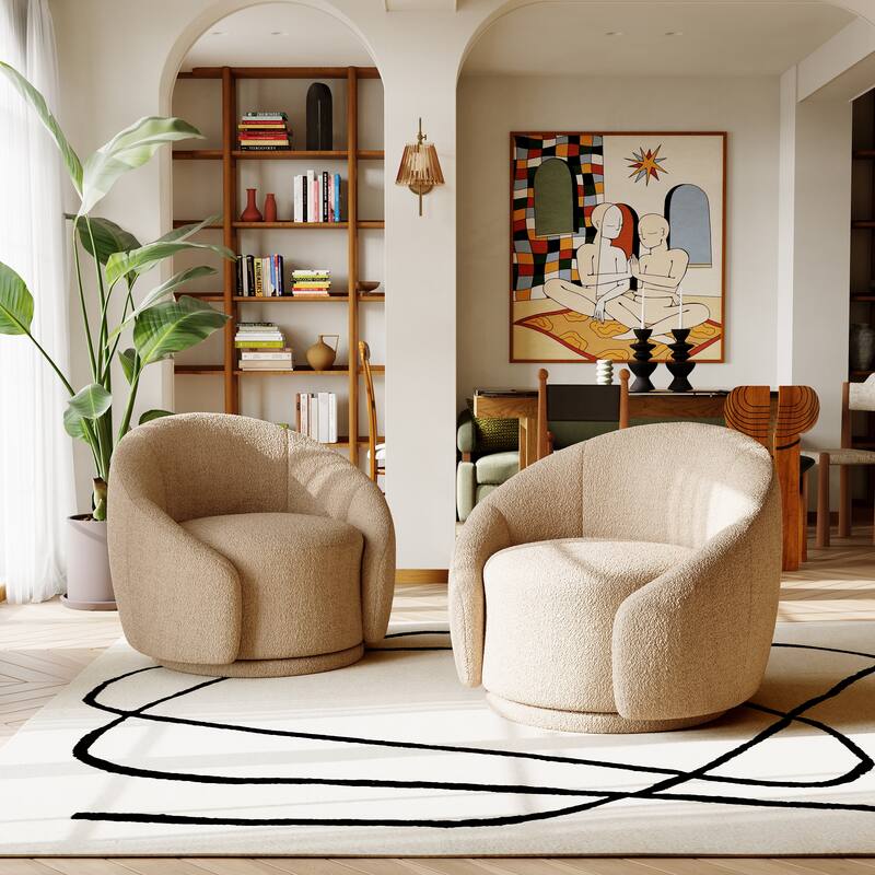 34" Wide 2 Set Velvet/ Boucle Barrel Swivel Chair