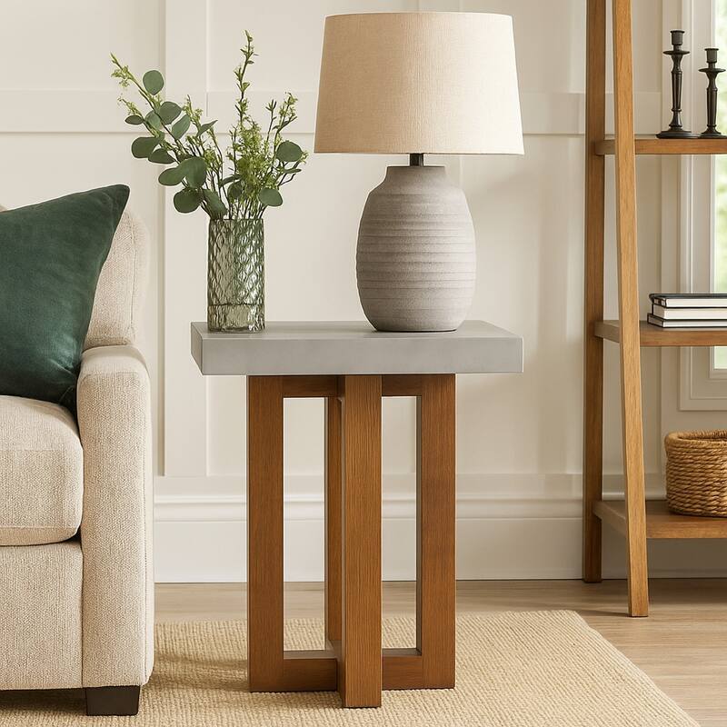 Joshua End Table, Gray Faux Concrete Top, Walnut Brown Wood, 16 Inch
