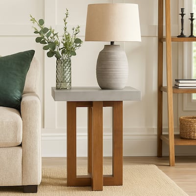 Joshua End Table, Gray Faux Concrete Top, Walnut Brown Wood, 16 Inch