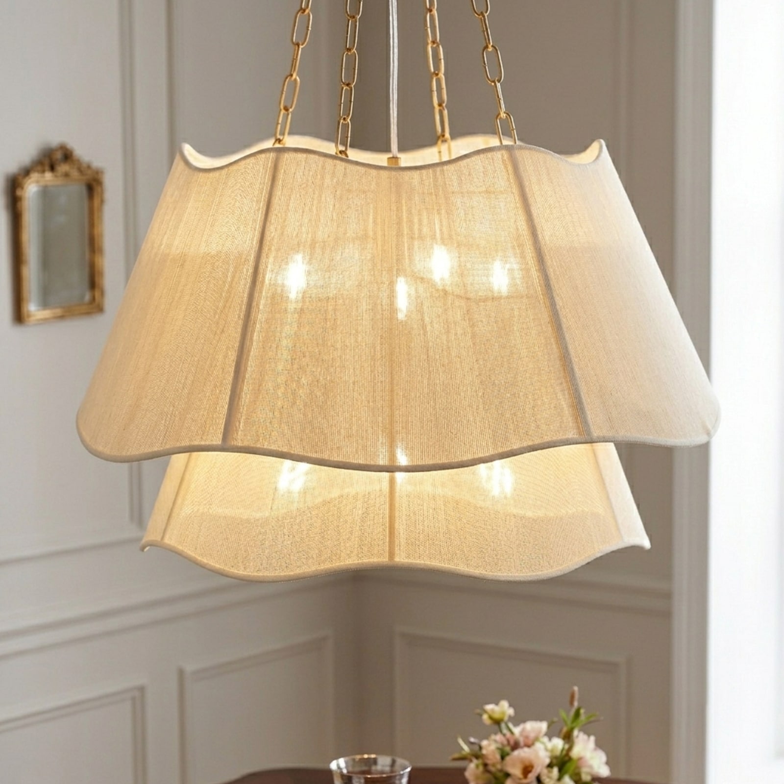 Rennnsan 6-Light Modern Farmhouse Gold Double Layer Pleated Fabric Chandelier for Living Room/Dining Room