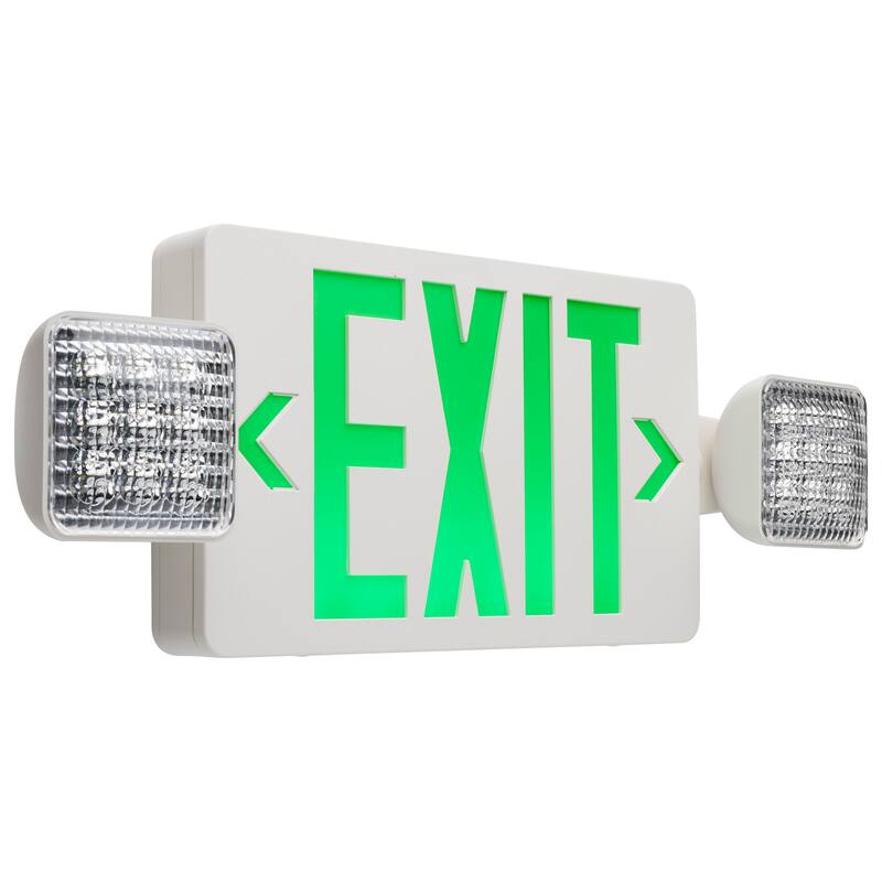 Combination Green Exit Sign/Emergency Light 90min Ni-Cad backup 120/277V Dual Head - White - White