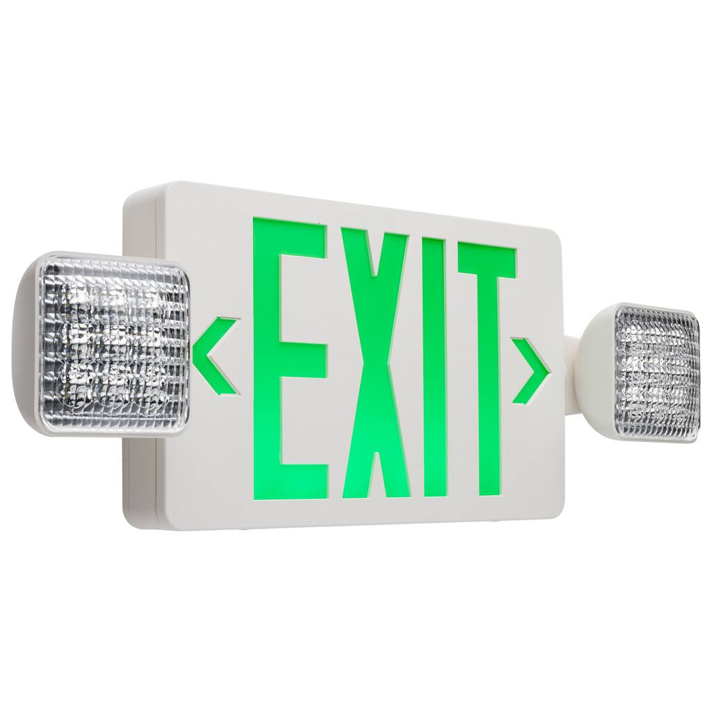 Combination Green Exit Sign/Emergency Light 90min Ni-Cad backup 120/277V Dual Head - White