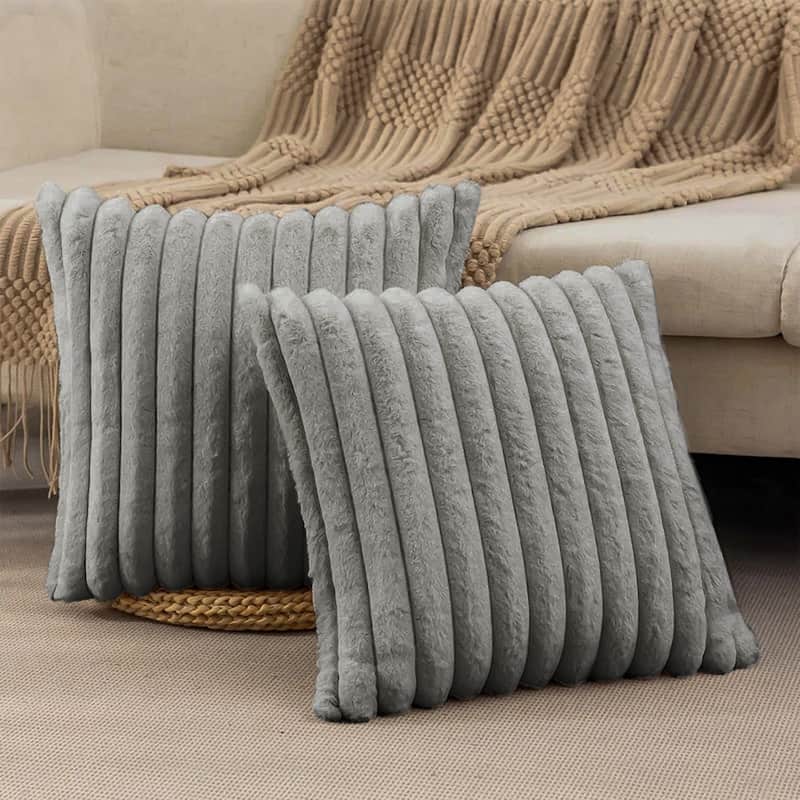 Modern Stripe Faux Fur Square Throw Pillows (Set of 2)