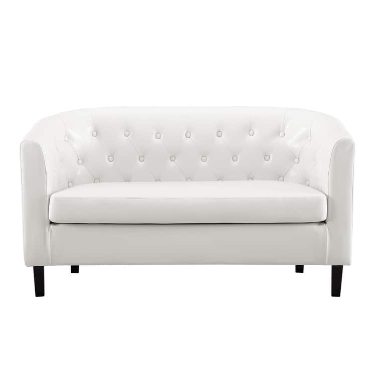 Adelaide Mid Century Modern Loveseat - Tufted Cushion Chair with Solid Wooden Legs for Living Room - White, Faux leather