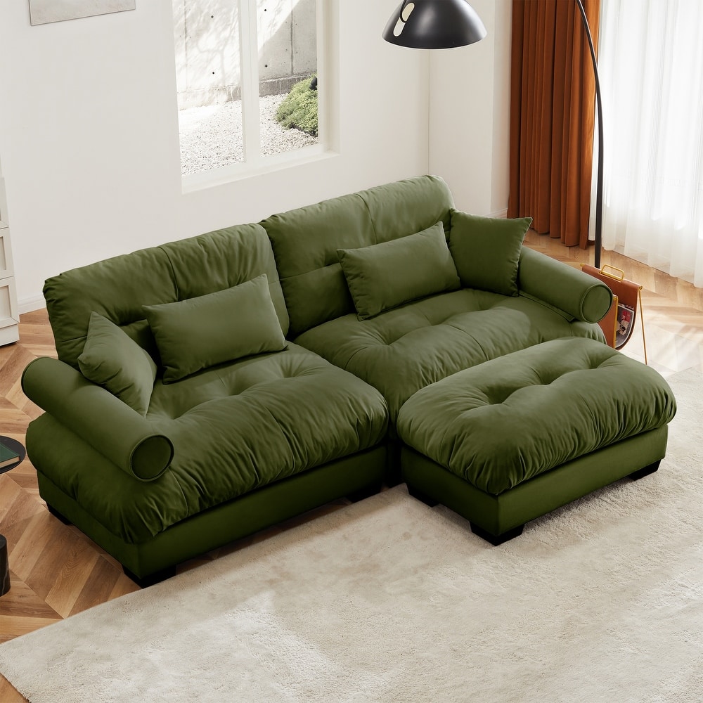 GDFStudio - Meridian Velvet 2-seater Cloud Sofa with Ottoman and Round Bolster Armrests
