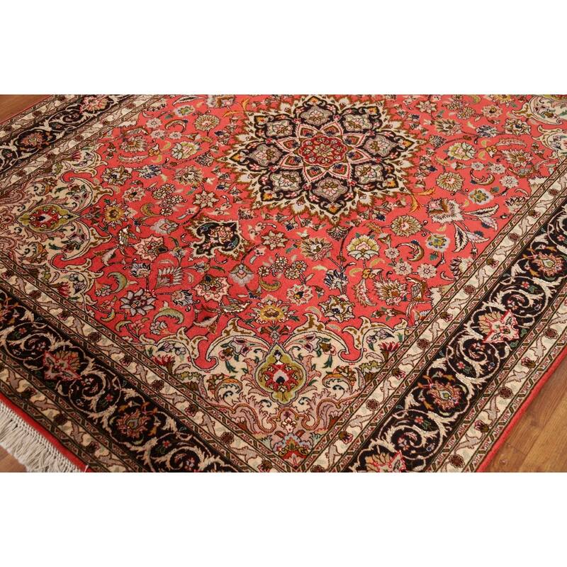 Hand-Knotted Red Floral Wool & Silk Tabriz Persian Rug - 5'1"x 6'9"