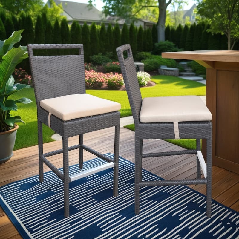Tropez All Weather Wicker Outdoor Patio Bar Height Barstool with Beige Cushions