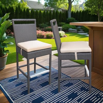 Tropez All Weather Wicker Outdoor Patio Bar Height Barstool with Beige Cushions