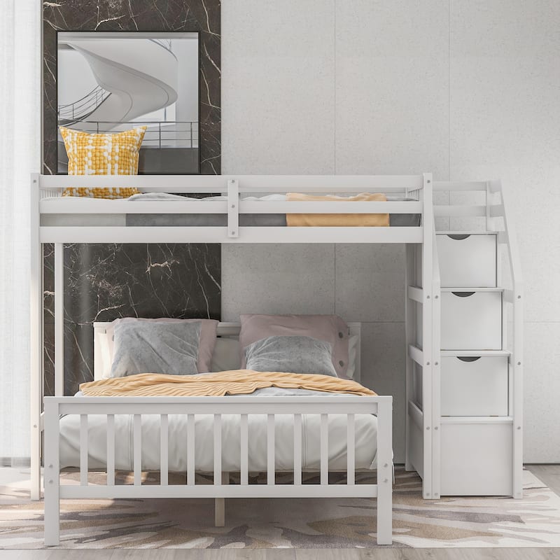 Twin Over Full Bunk Bed with Storage Staircase, Convertible Design, Space-Saving Wooden Loft Bed Frame with High Guardrails - White - Full