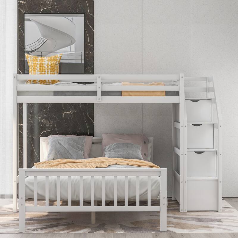 White Twin over Full Loft Bed with Staircase and Storage