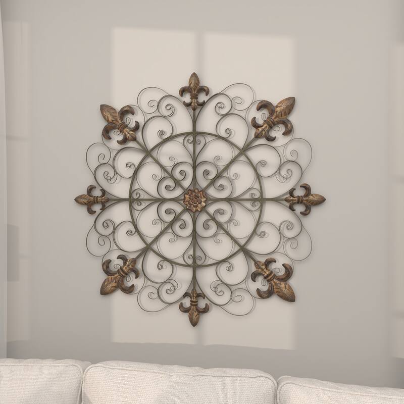 Brown Metal Medallion Fleur De Lis Home Wall Decor with Detailed Scrollwork