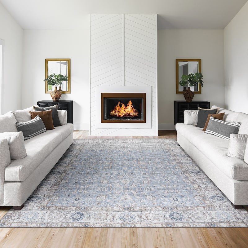 Thomasville Emporia Industrial Old World Chenille Machine Washable Non-Slip Flat Pile Area Rug Collection - Tyras Blue - 7'10"x10' - Rectangle