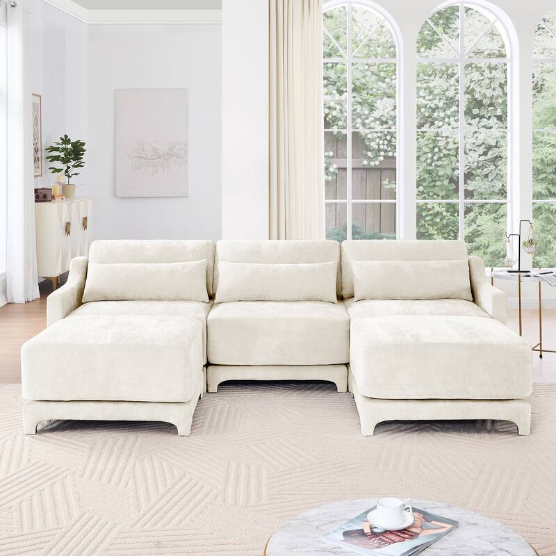 Modern Chenille 4-Seater Sofa with 2 Ottoman, Lumbar Cushions, Ergonomic Backrest, High-Resilience Spongeand Tufted Armrests