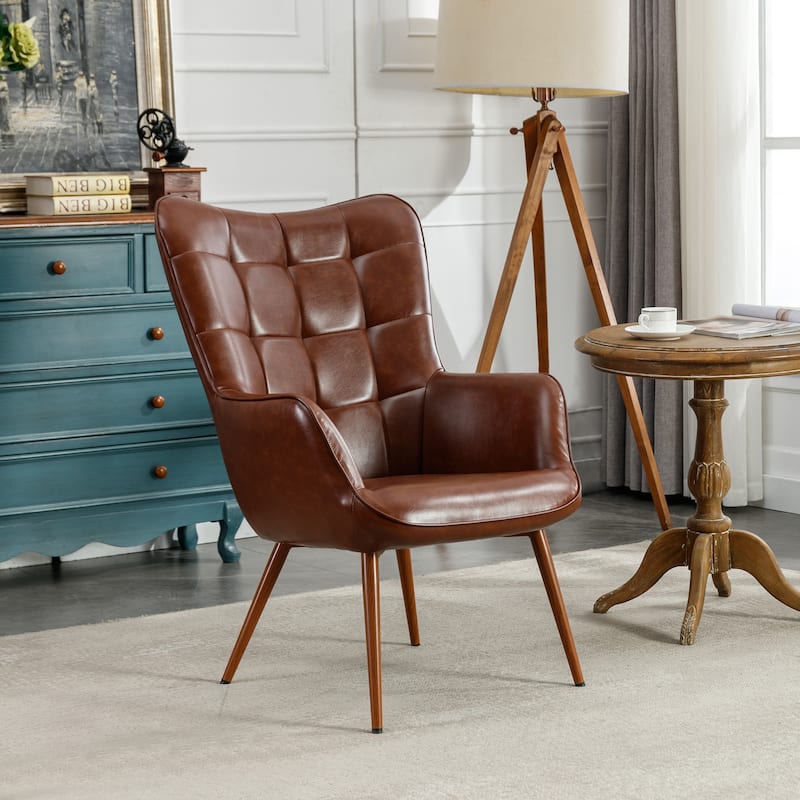 Vintage Wingback Chair Tufted Button PU Leather Accent Chair