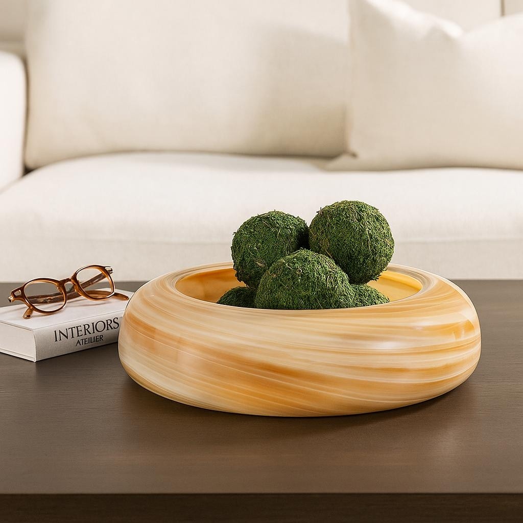 Round Glass Decorative Bowl with Swirl Pattern - 19", Orange - 19.0"